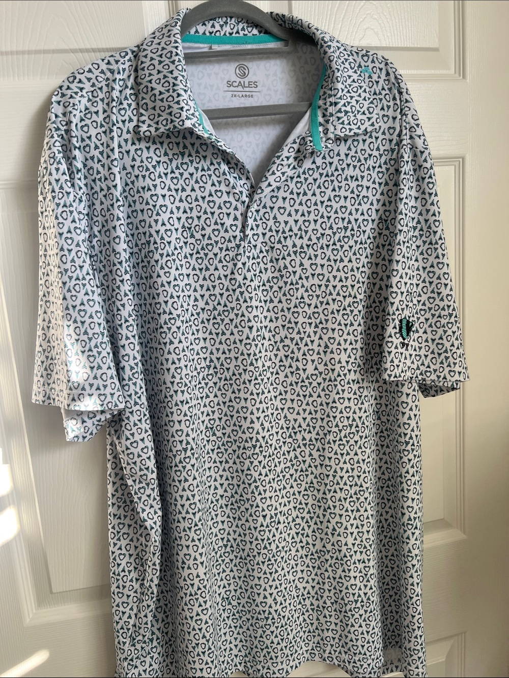 SCALES Men's White Polo with Teal Trim and Micro Geometric Print
